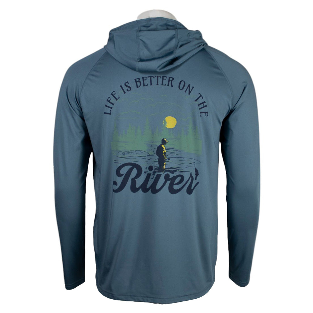 A blue hoodie featuring the phrase 'Life is better on the River' with a graphic of a person fishing under a moonlit sky.