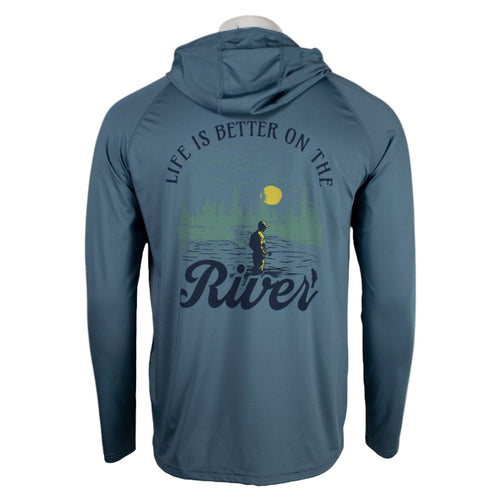 A blue hoodie featuring the phrase 'Life is better on the River' with a graphic of a person fishing under a moonlit sky.