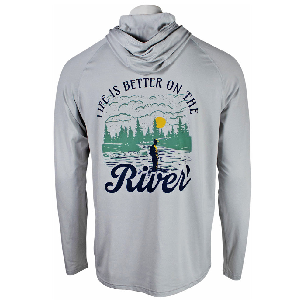 A light gray long-sleeve hooded performance shirt shown on a mannequin torso, featuring a large back graphic of a scenic fisherman, trees, water, and a yellow sun. Surrounding the graphic is the text 'LIFE IS BETTER ON THE RIVER'.