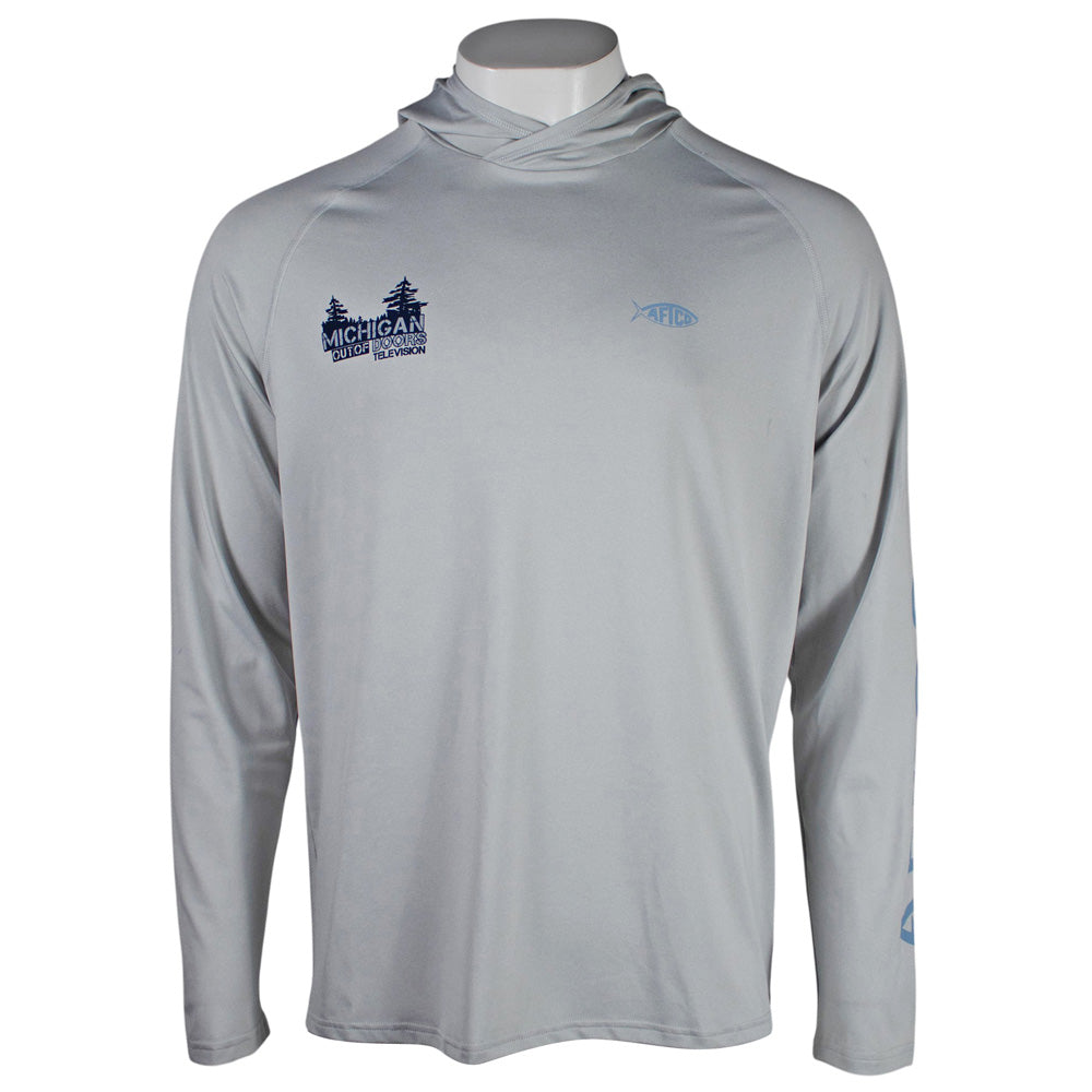 A light gray long-sleeve performance shirt with a high neck, featuring a dark blue MOOD logo on the left chest and a light blue logo on the right chest, displayed on a mannequin torso against a white background.