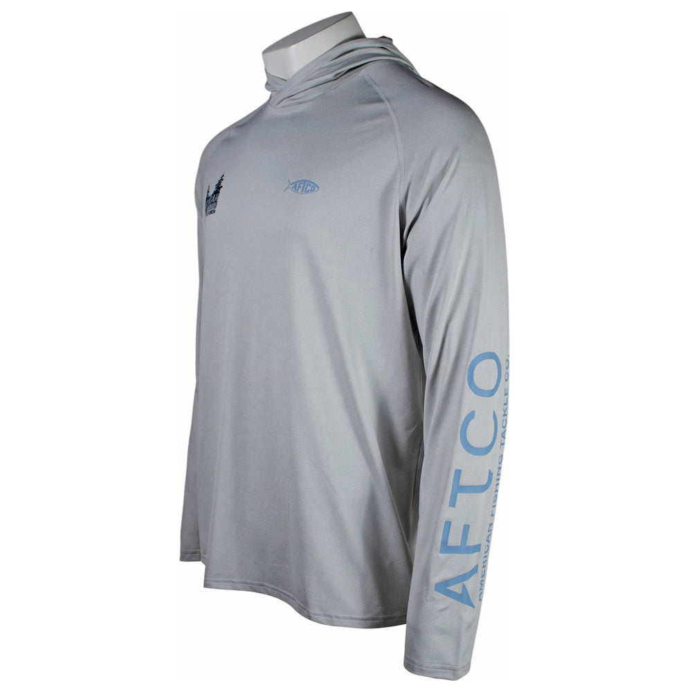 Side of a light gray long-sleeve performance shirt with a light blue fish logo on the chest and vertical 'AFTCO' text down the right sleeve.