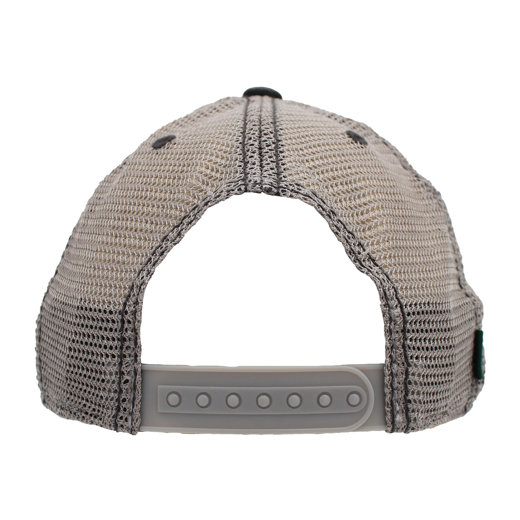 Back view of a gray cap with a mesh design and adjustable strap.