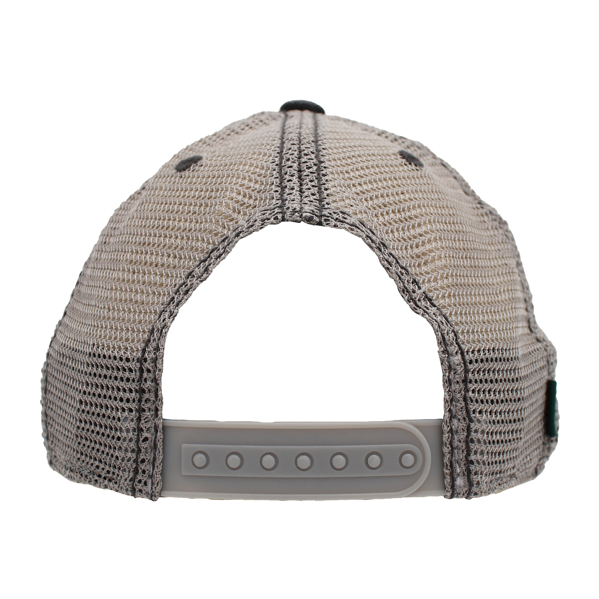 Back view of a gray cap with a mesh design and adjustable strap.
