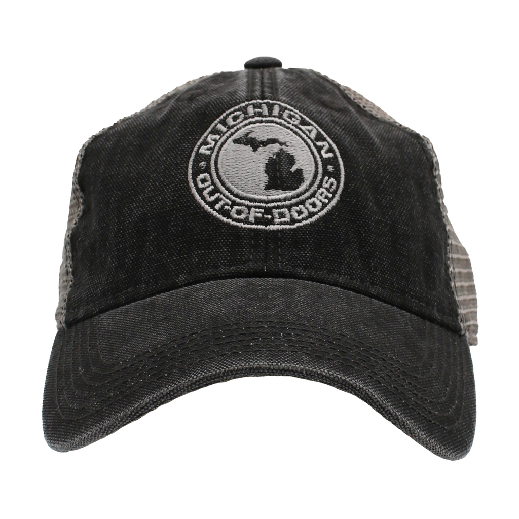 Black baseball cap with a Michigan Outdoors logo