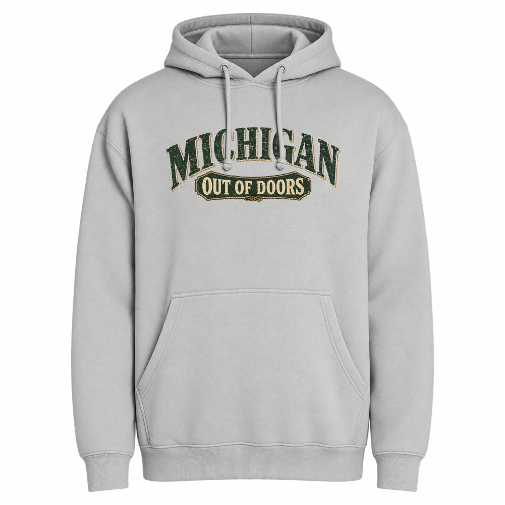 Front of a light grey hoodie with a green and gold "Michigan out of doors" logo on the chest.