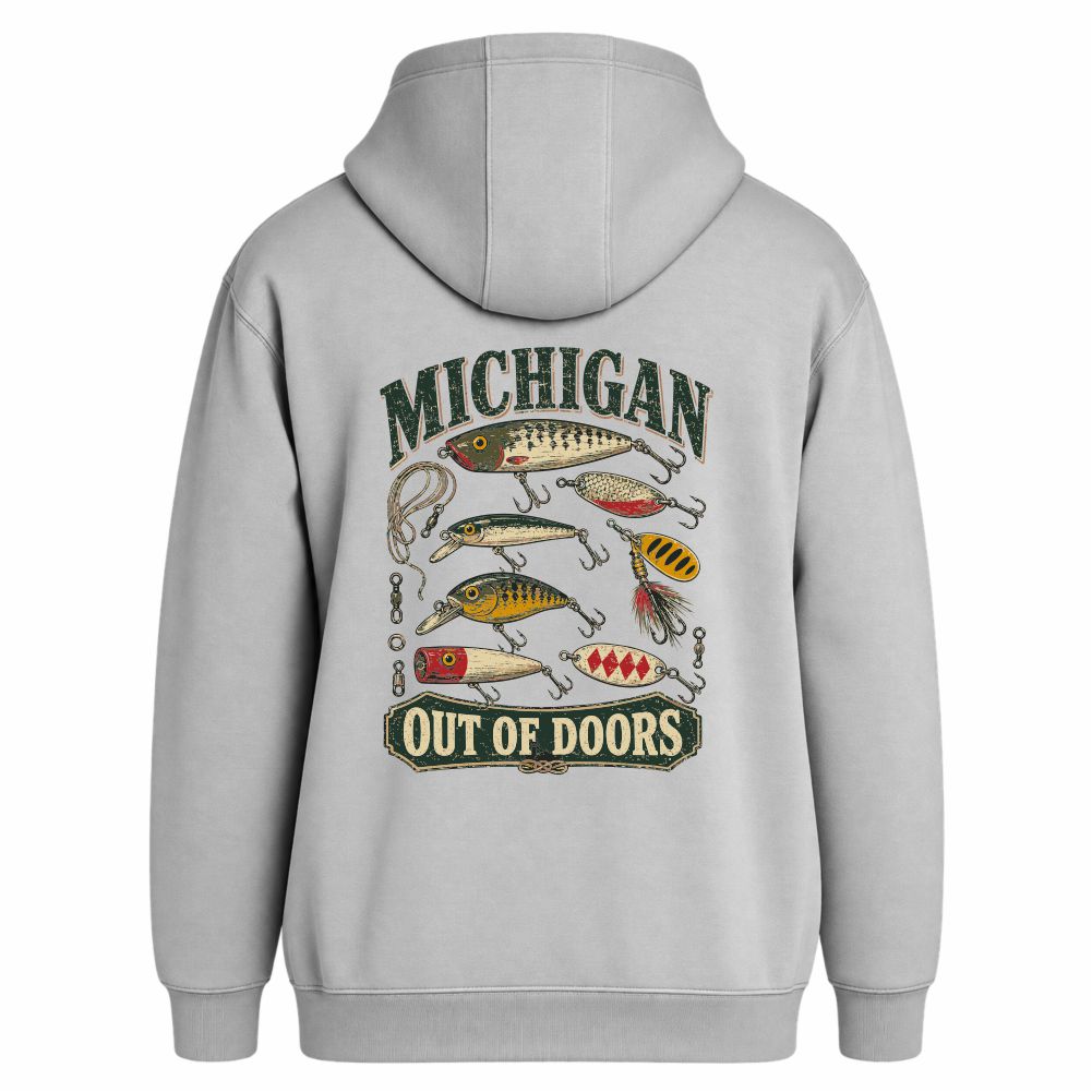 A light grey hoodie with a graphic of old fishing lures on the back and the text "Michigan out of doors" around it.