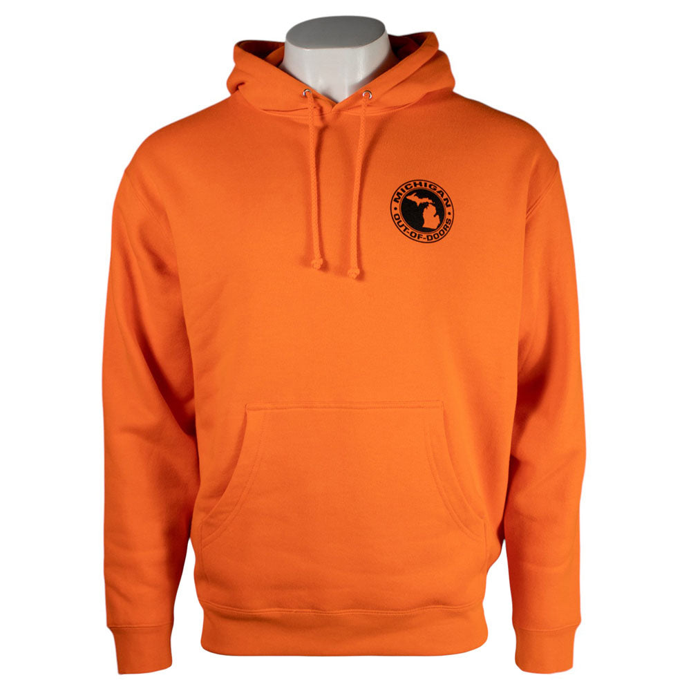 A safety orange hooded sweatshirt is shown from the front on a mannequin. The hoodie features a kangaroo pocket and cuffed sleeves, as well as the Michigan Out of Doors logo printed in black on the left chest. 
