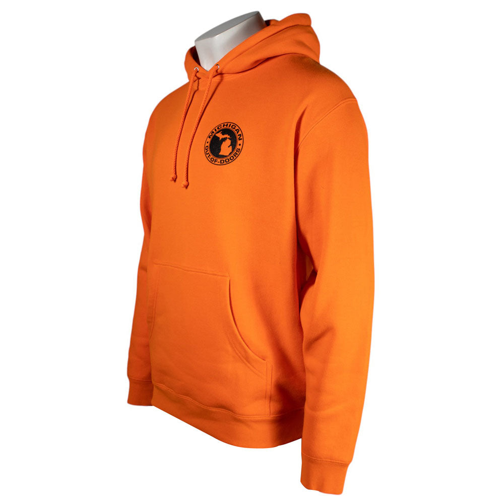 A safety orange hoodie is shown from the side on a mannequin. 