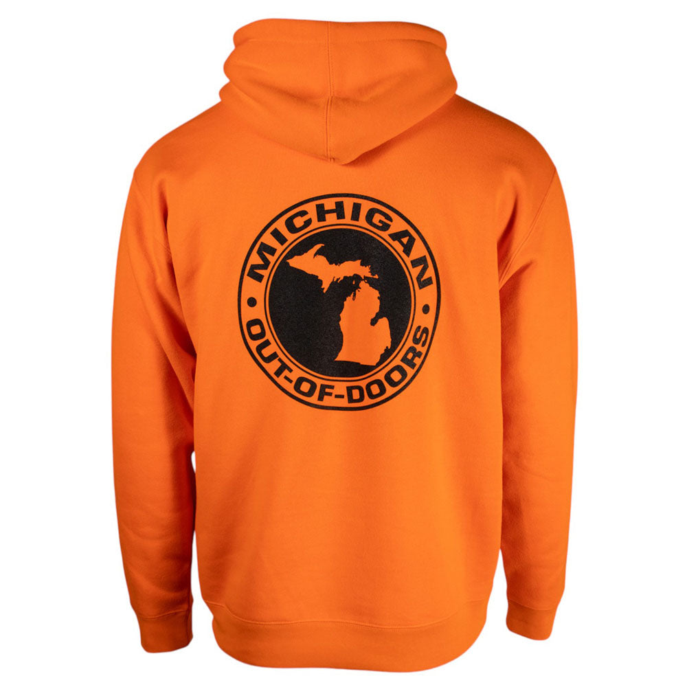 A hoodie in safety orange is shown from the back. The Michigan Out of Doors logo is printed across the center of the back in black. 