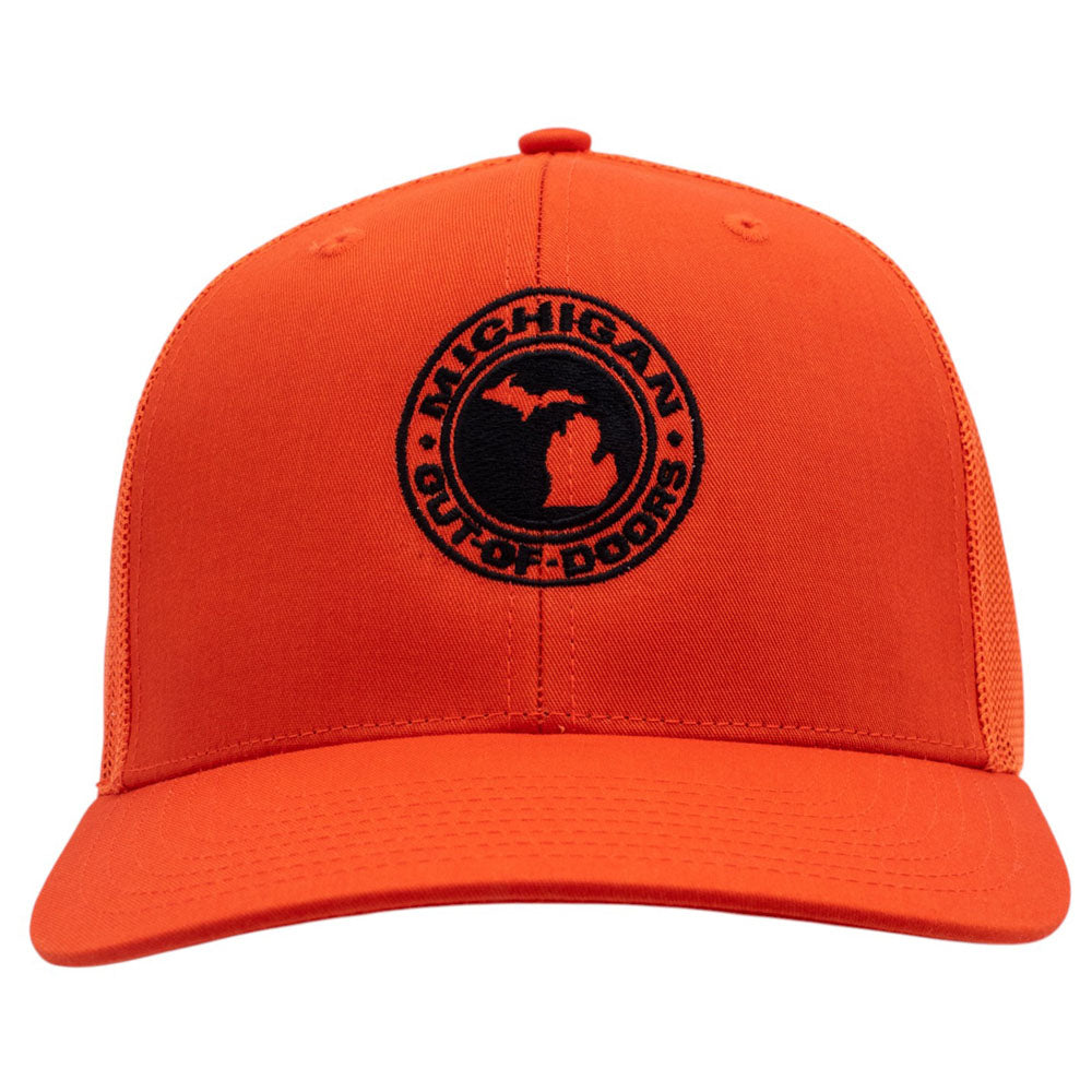 A safety orange structured hat shown from the front. The Michigan Out of Doors logo is centered in black thread.