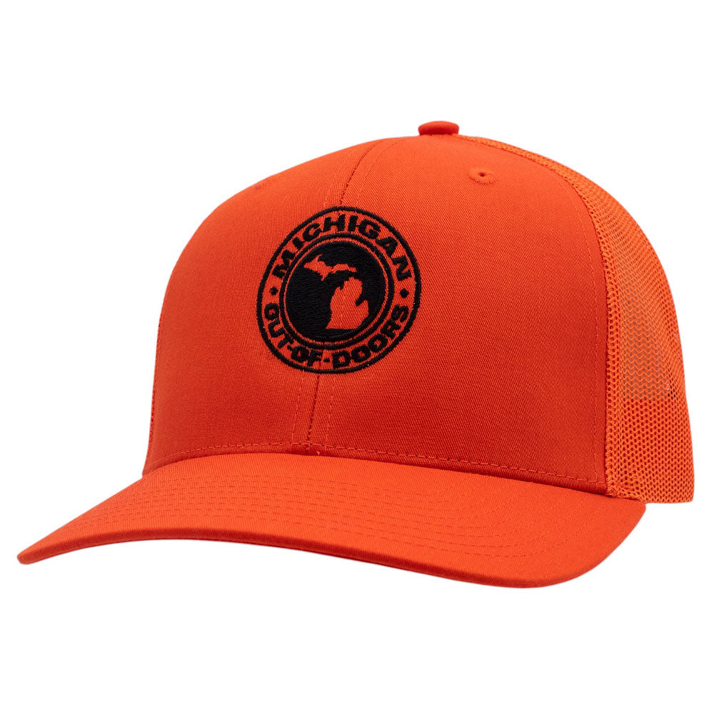 A safety orange structured hat shown from an angle. The front of the hat features the Michigan Out of Doors logo in black.