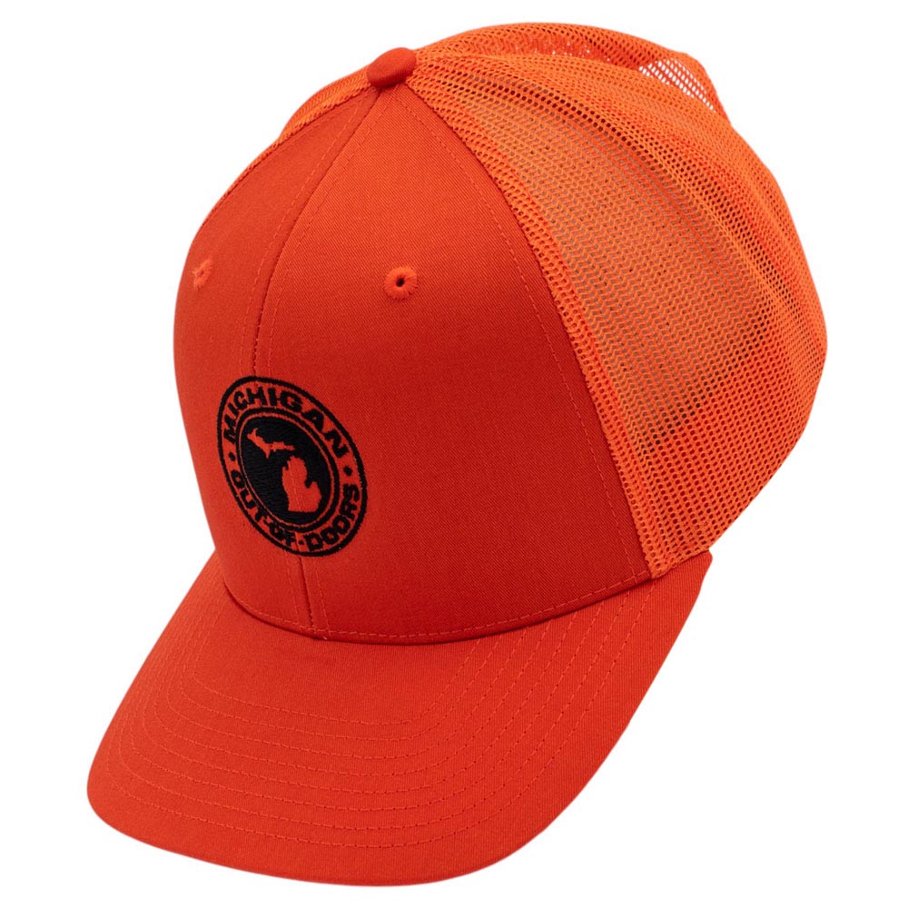 A structured safety orange hat is shown from an angle. The safety orange mesh back is visible.