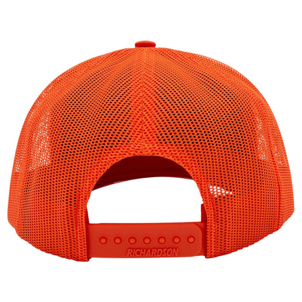 A structured hat shown from the back. The image showcases the full mesh back of the hat and the snap closure that has the Richardson logo on it. 