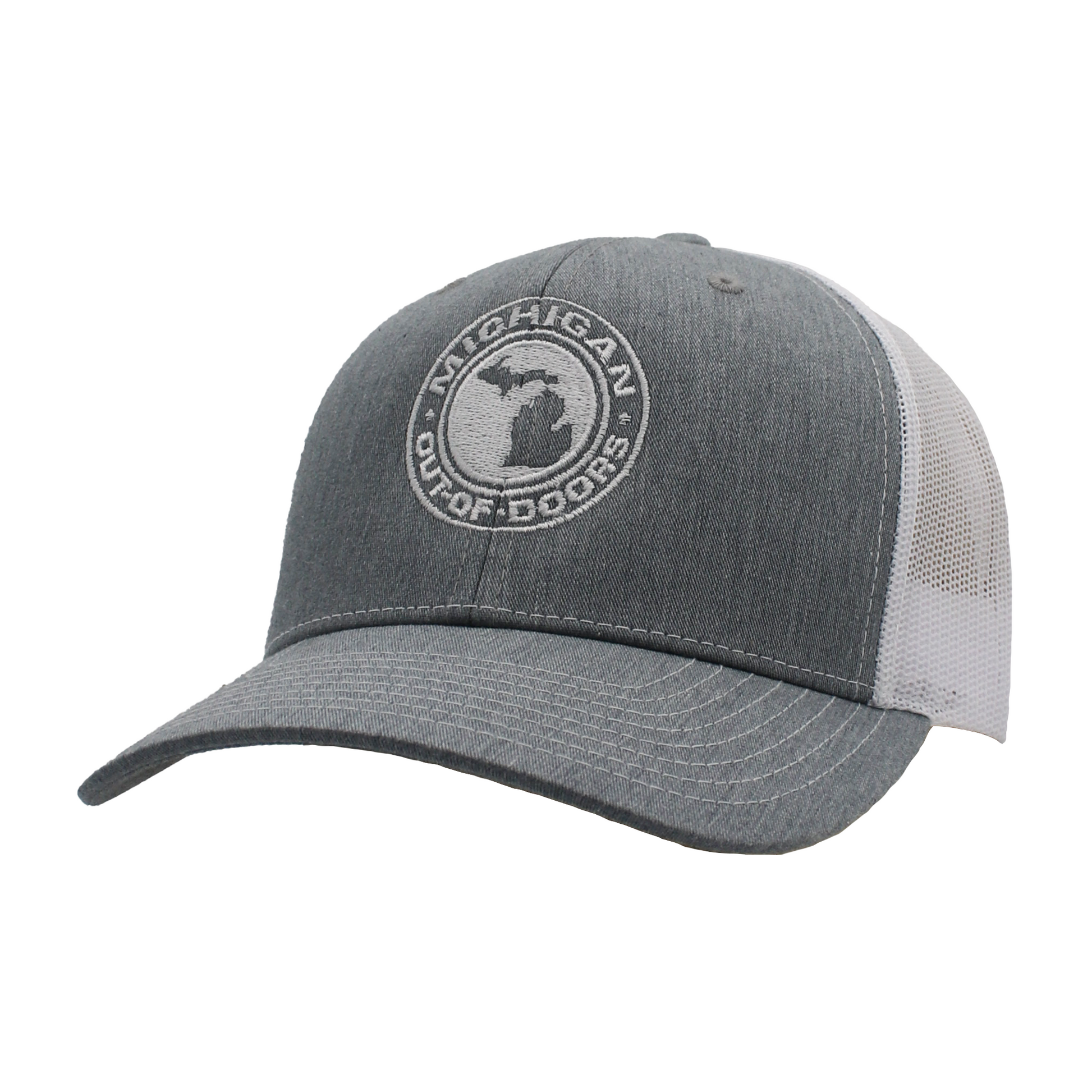 Gray baseball cap with mesh back featuring a Michigan Outdoors logo.