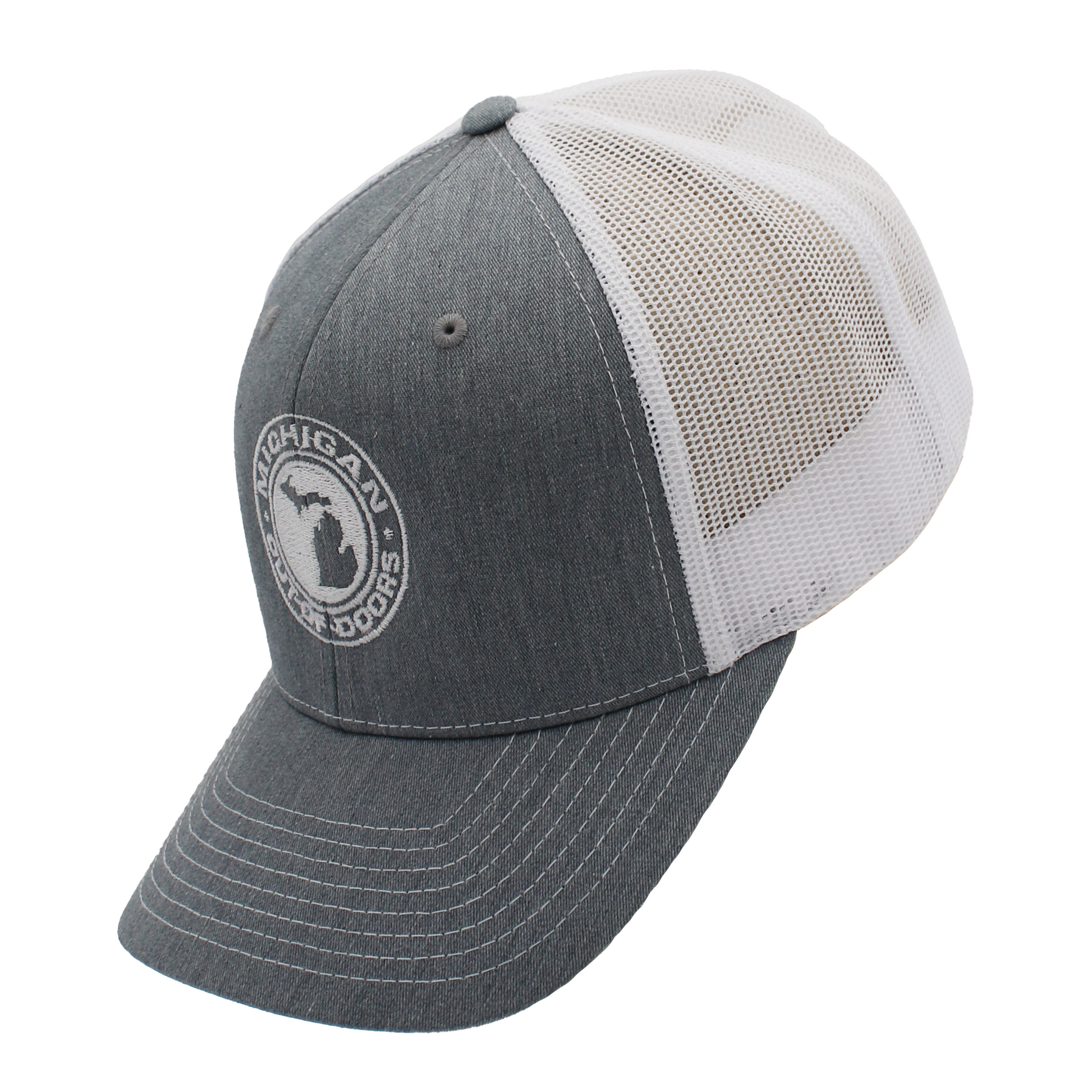 Gray and white mesh baseball cap with a Michigan graphic