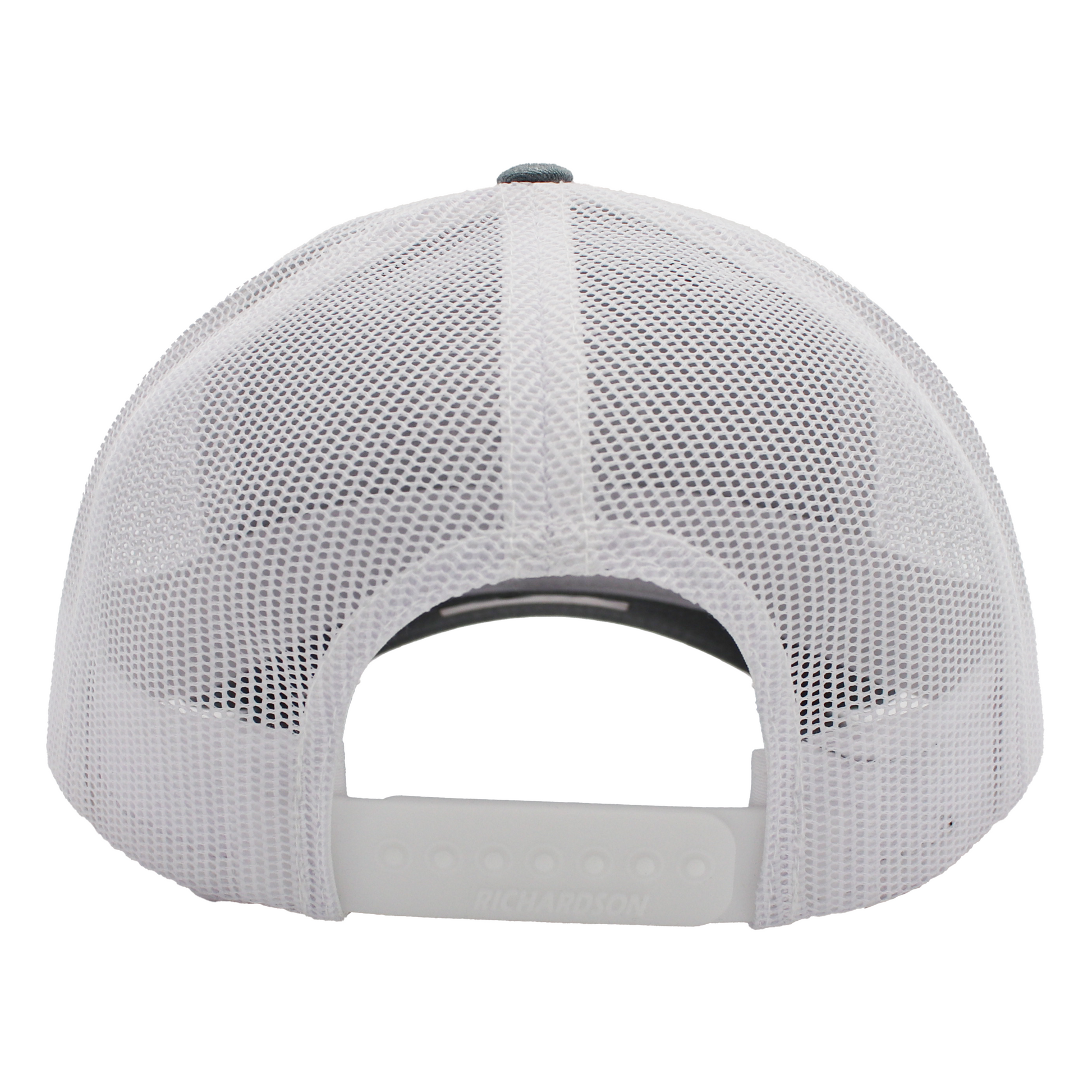 Back view of a white mesh cap