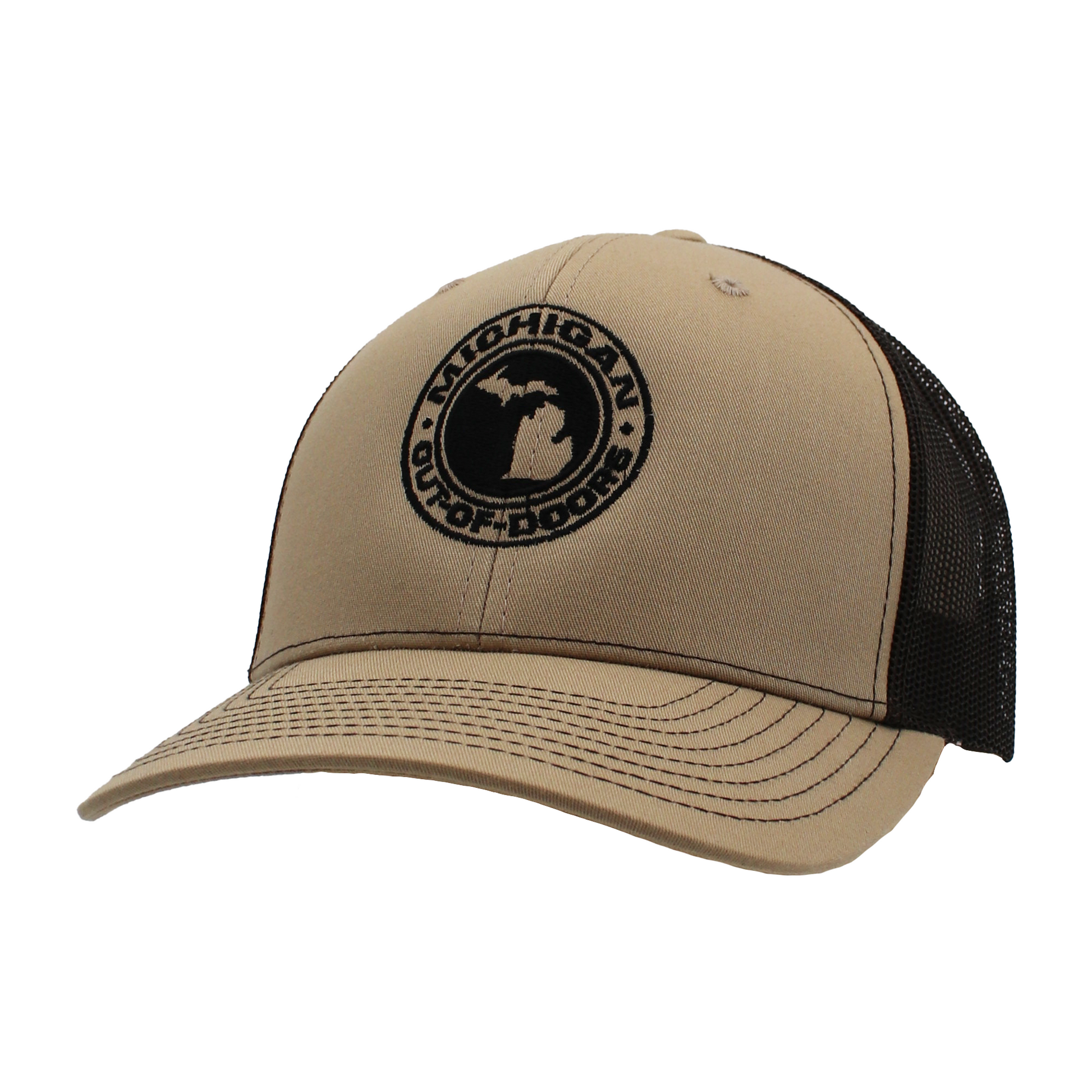 Beige baseball cap with a black mesh back and a Michigan Out of Doors logo.