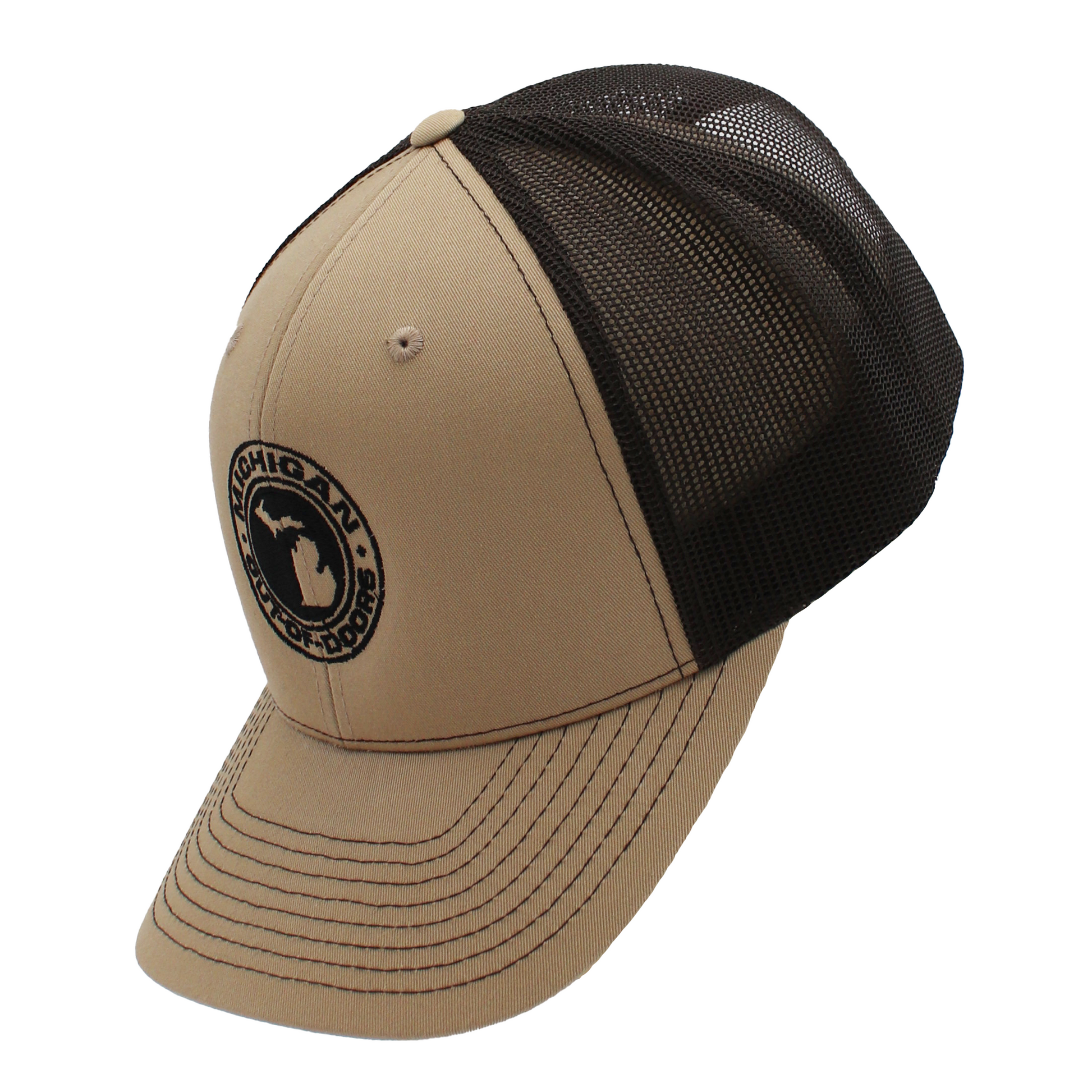 Khaki trucker hat with a black mesh back and a logo on the front