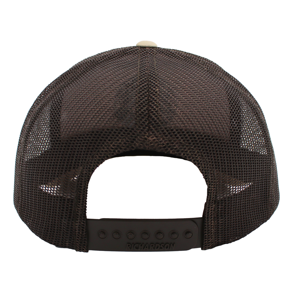 Back view of a brown mesh cap with adjustable strap