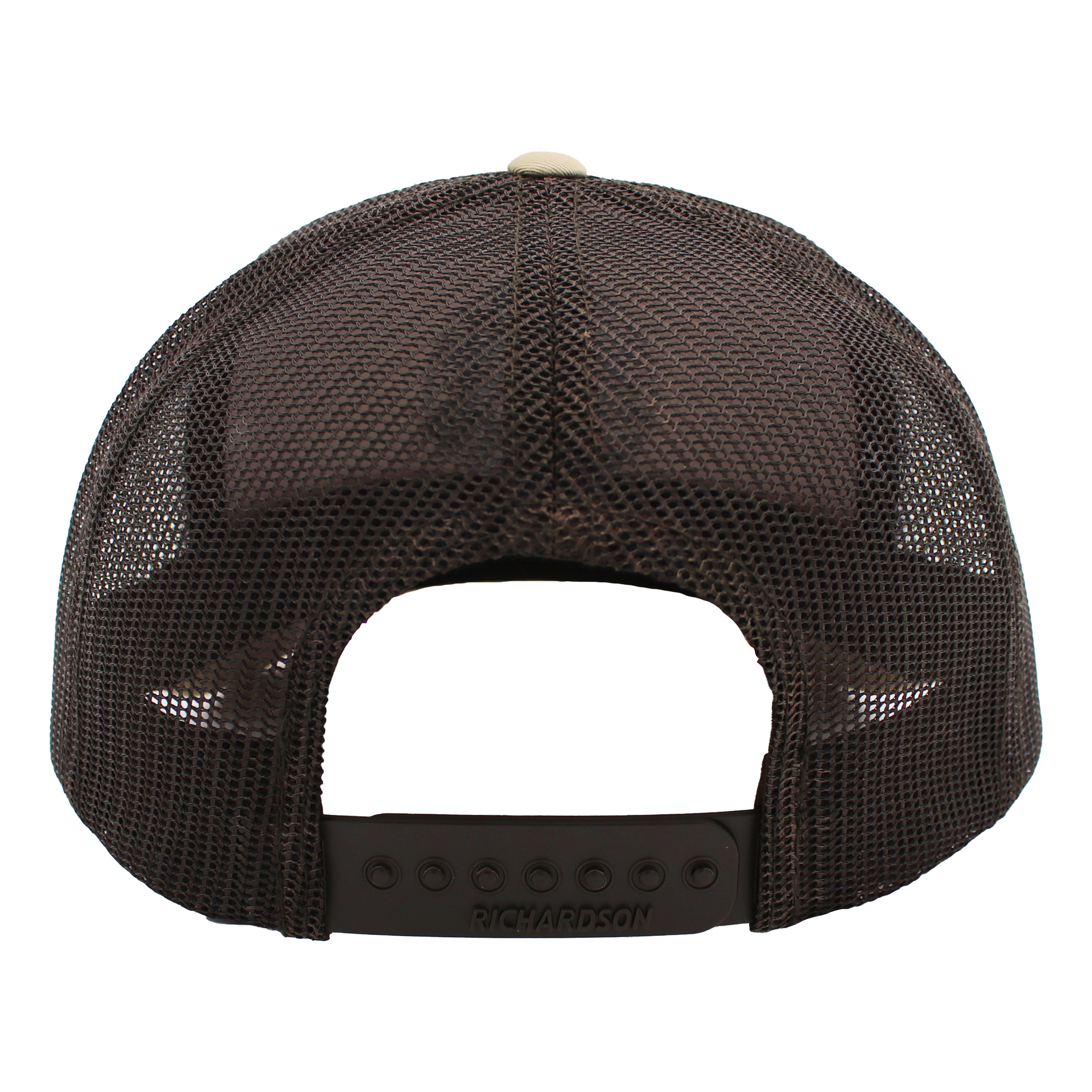 Back view of a brown mesh cap with adjustable strap