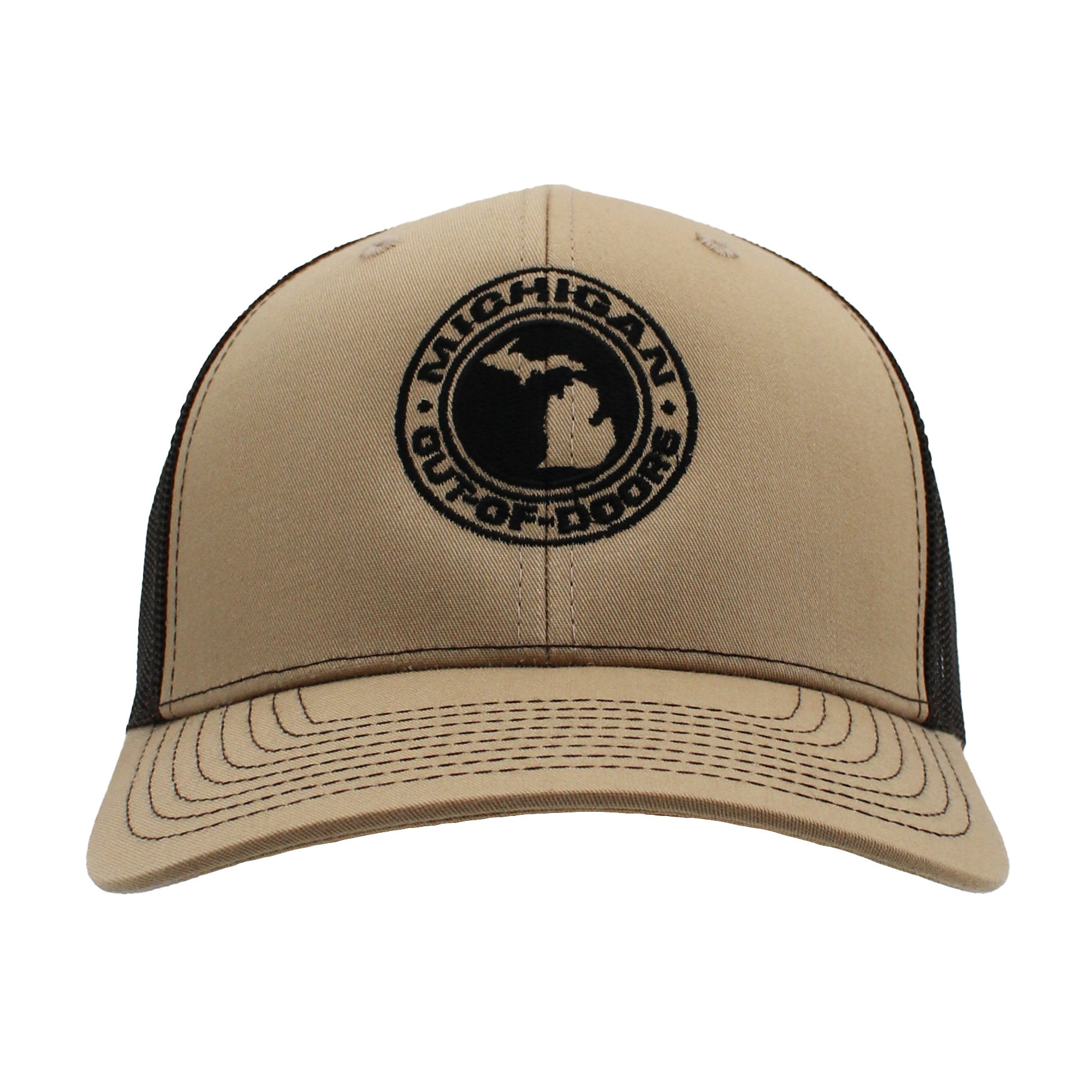 Tan baseball cap with Michigan Outdoors logo