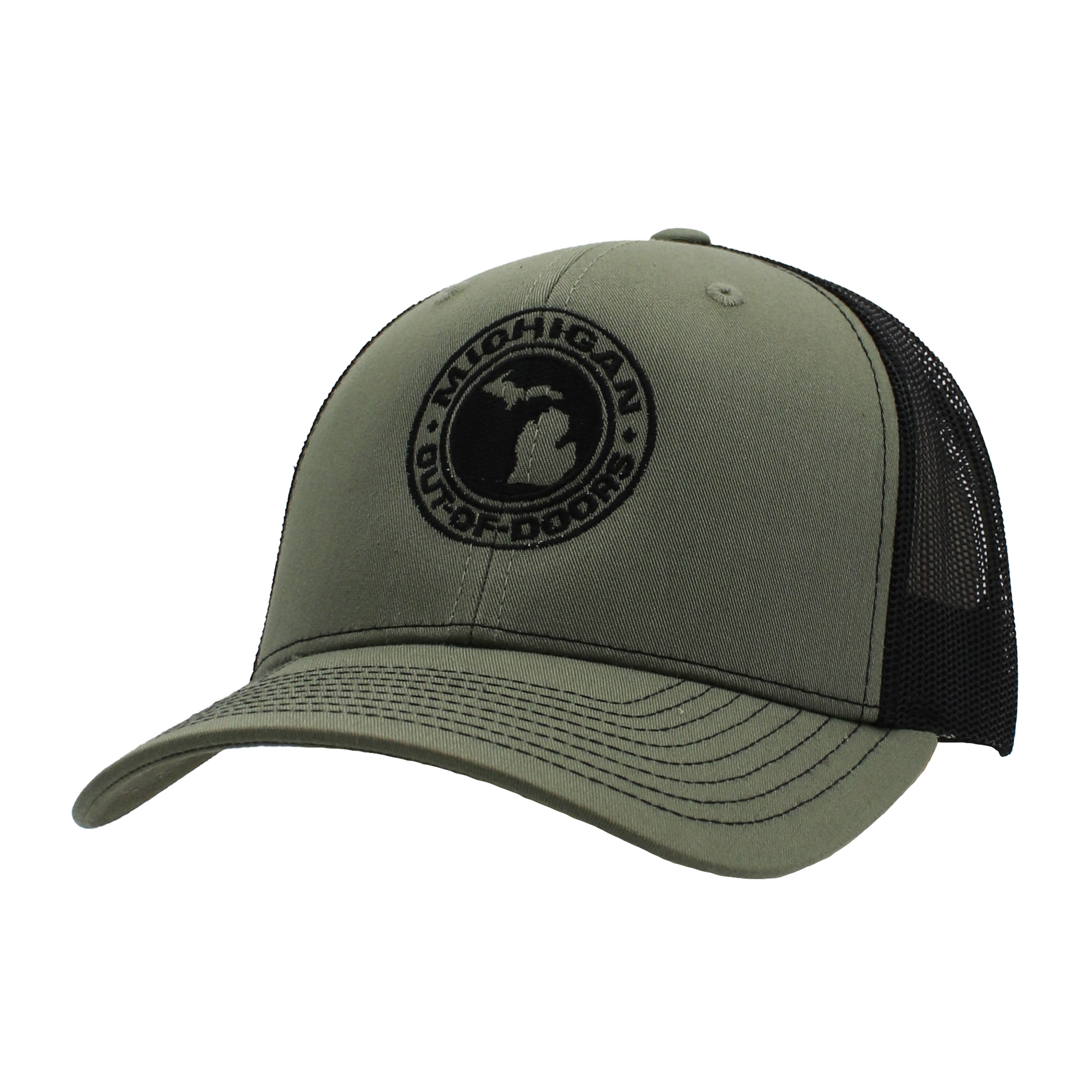 Green baseball cap with a black mesh back and a Michigan Outdoors logo