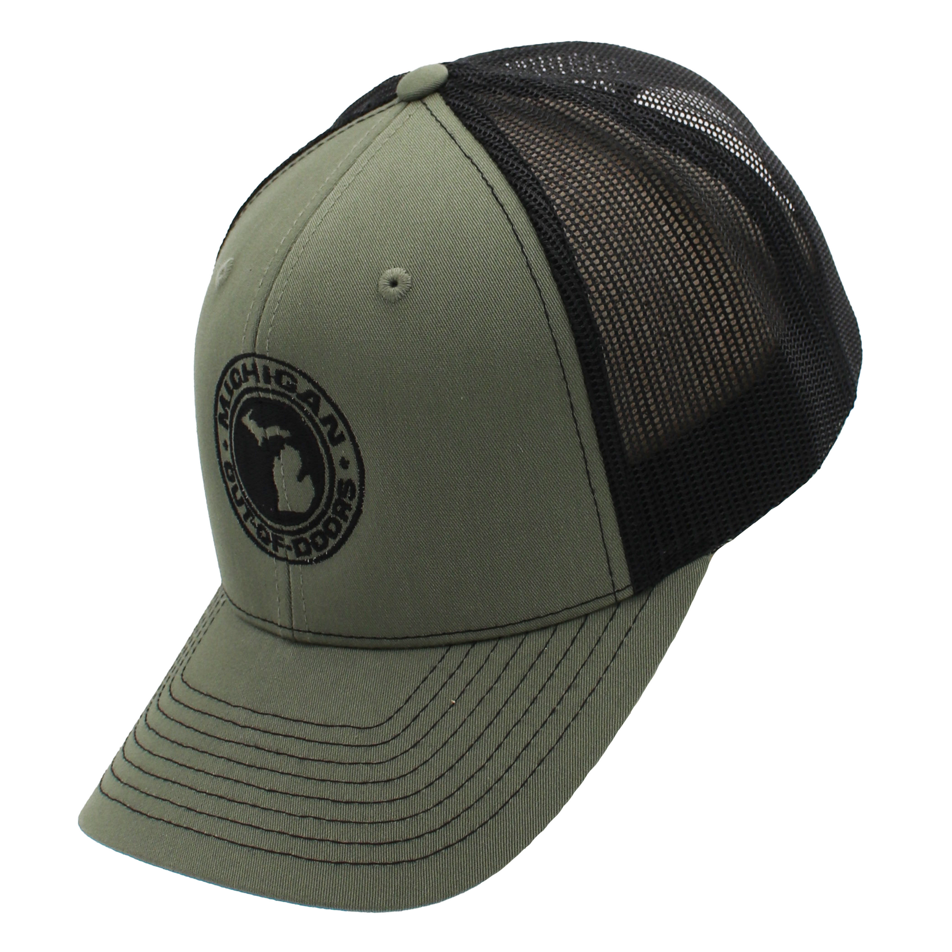 Olive green trucker hat with a black mesh back and Michigan graphic logo