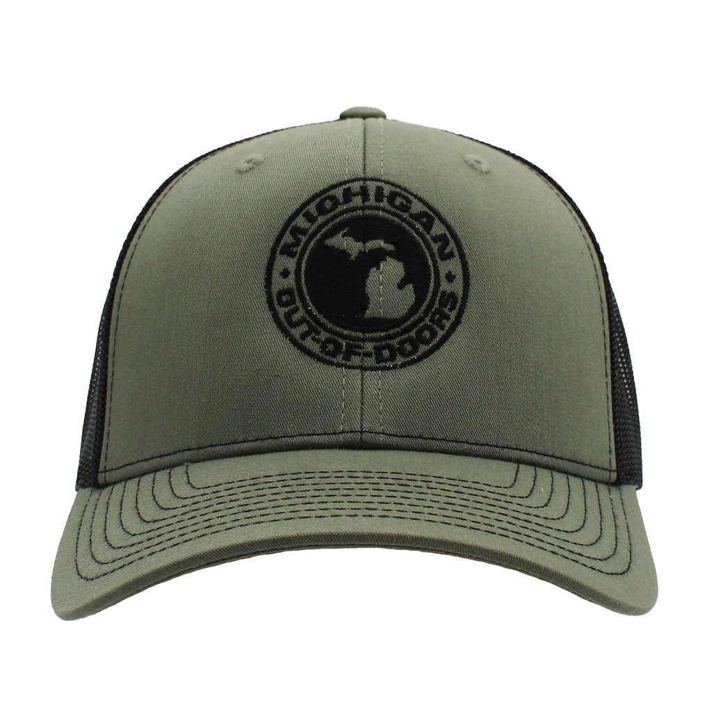 Olive green baseball cap with a black Michigan Out-of-Doors logo