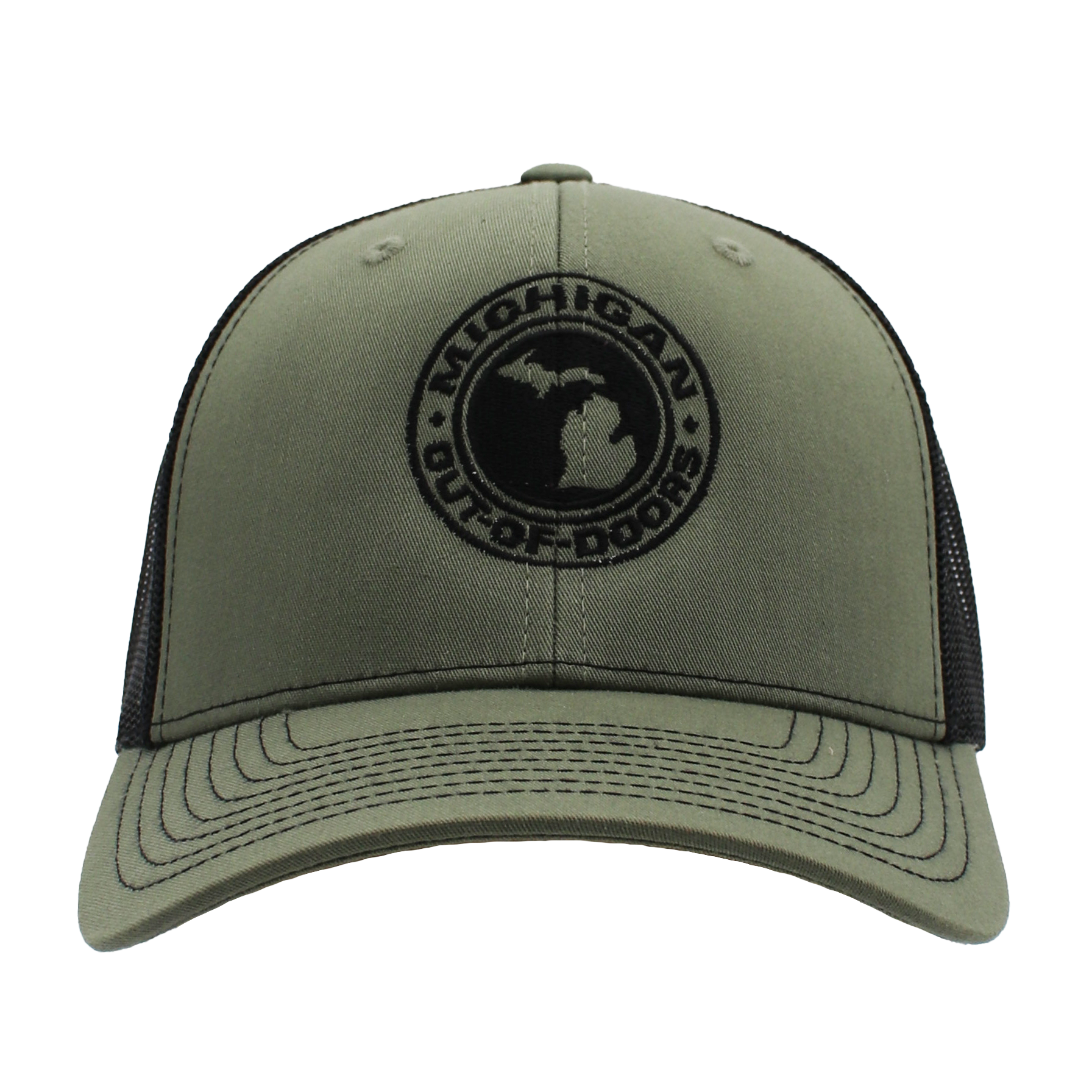 Olive green baseball cap with a black Michigan Out-of-Doors logo