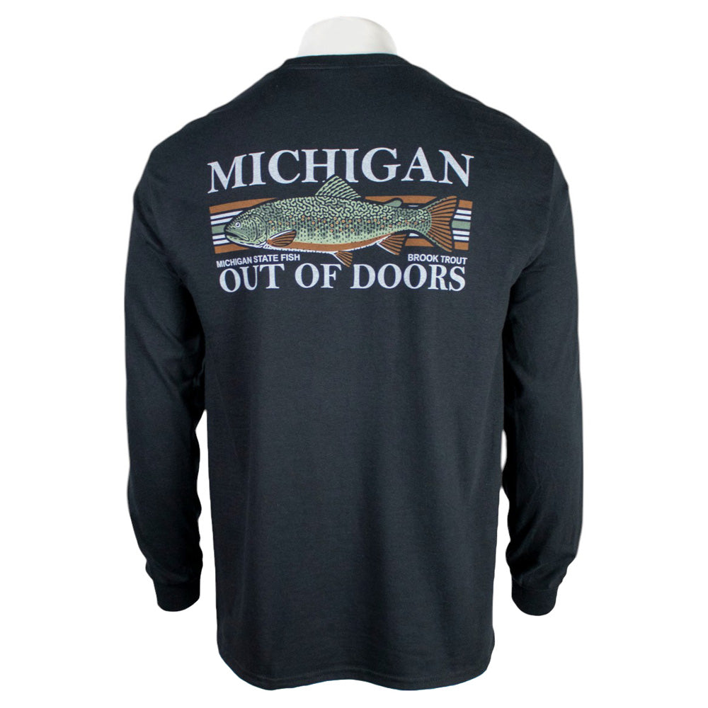 Black long-sleeve shirt with Michigan out of doors design across the back. 