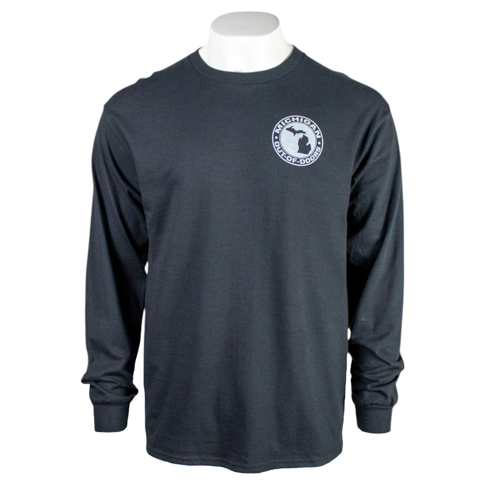 Black long-sleeve shirt with a white michigan logo on the left chest.