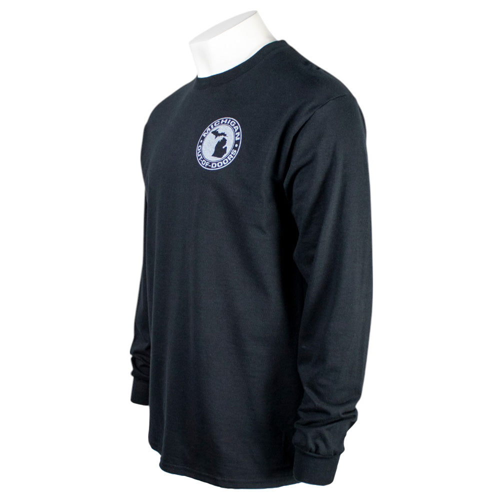 Black long-sleeve shirt with a white michigan out of doors logo on the chest.