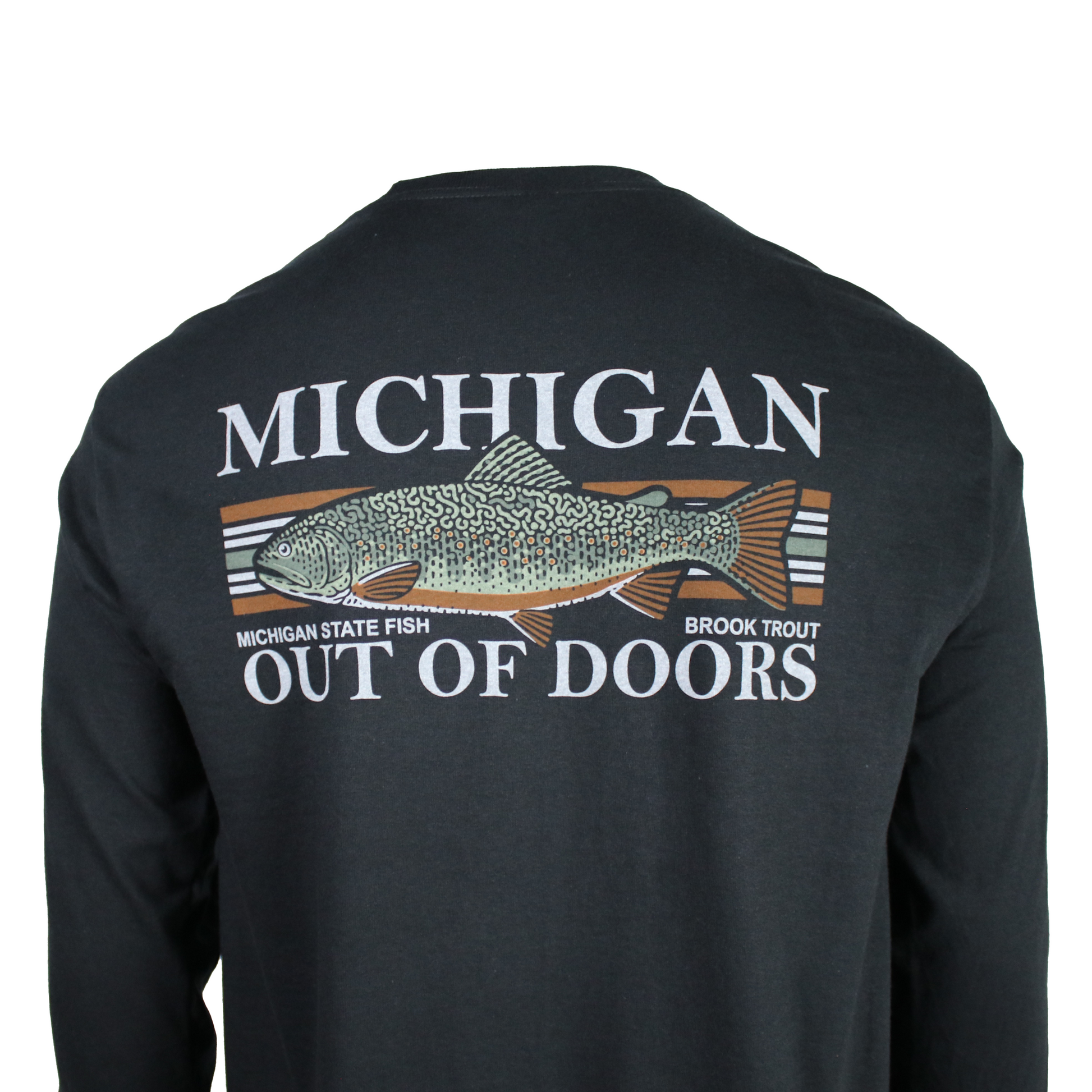 black long-sleeve shirt featuring the text 'MICHIGAN OUT OF DOORS' and an illustration of a brook trout on the back. 