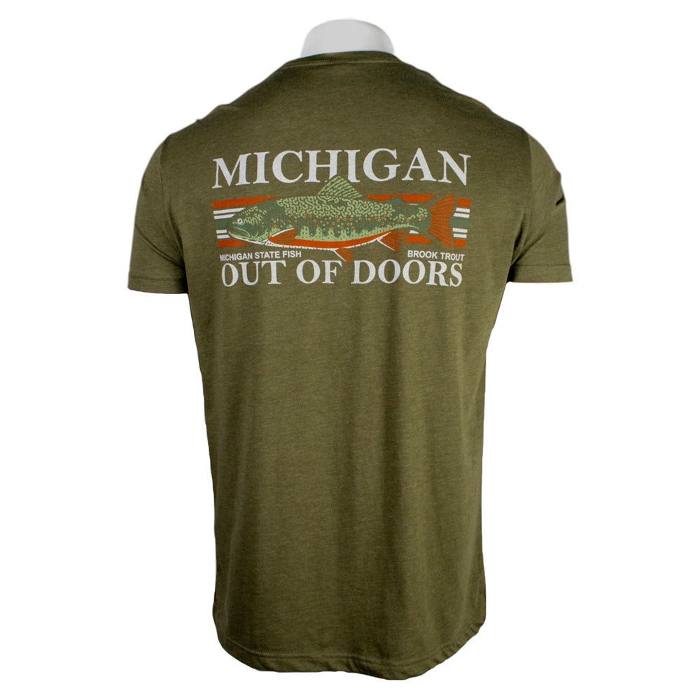 Green t-shirt with 'Michigan Out of Doors' text and green and orange fish graphic on the back.