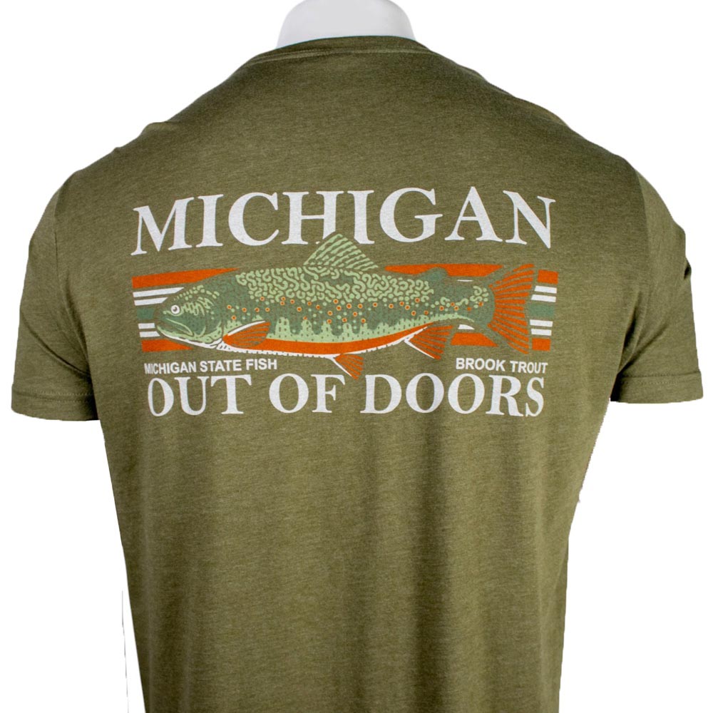 Green t-shirt with an orange and green fish graphic and 'Michigan Out of Doors' text across the back. 