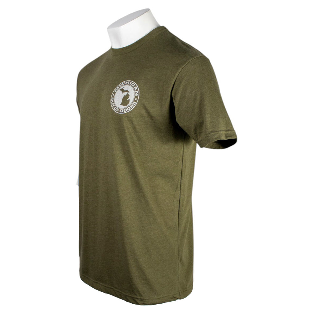 Green t-shirt with a white Michigan out of doors logo on the chest.
