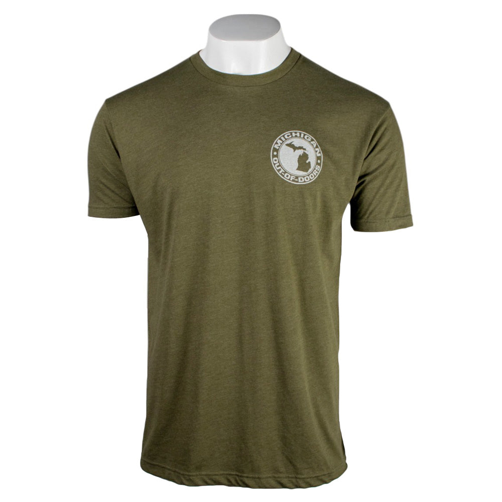 Green t-shirt with a white Michigan logo on the left chest. 