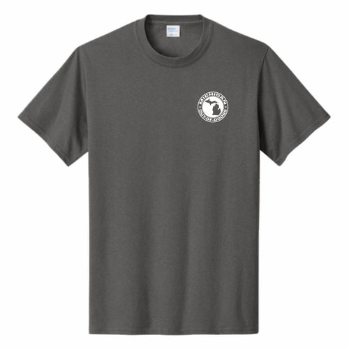 Gray T-shirt with a white Michigan out of doors logo on the left chest. 