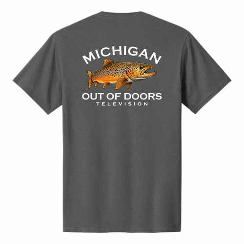Gray t-shirt with an orange fish graphic and white text on the back saying "Michigan Out of Doors Television."